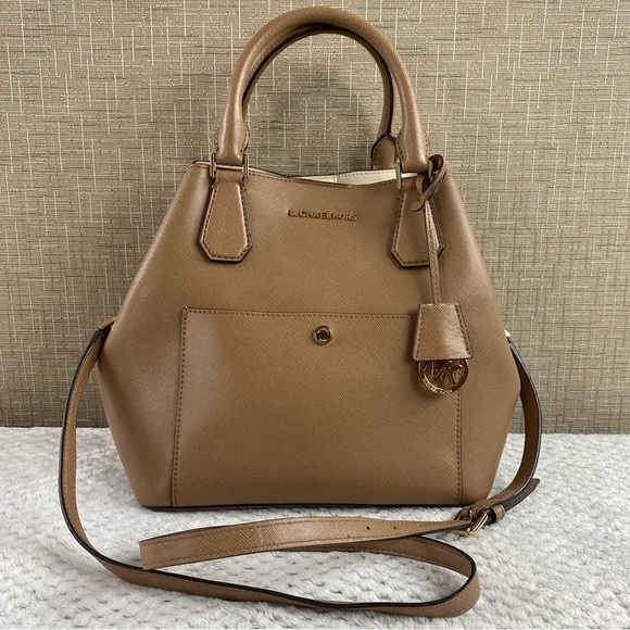 Michael Kors Greenwich Large Saffiano Leather Grab Bag Satchel Crossbody Tan - Picture 2 of 15